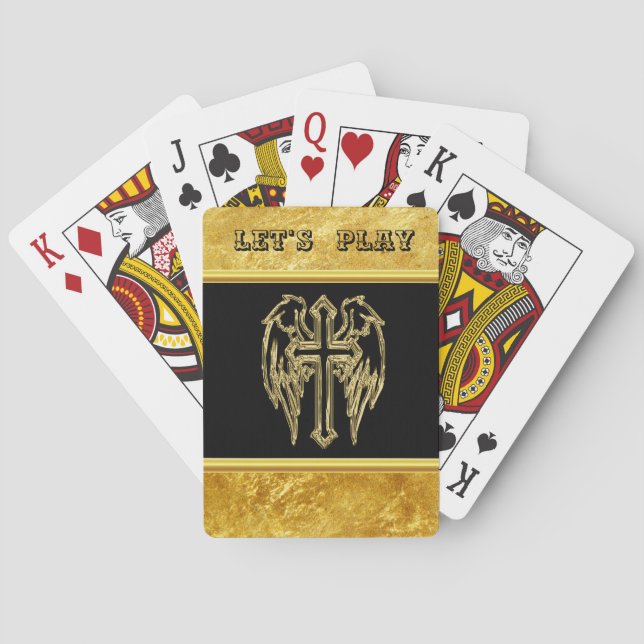 catholic black and gold foil cross with wings poker cards (Back)