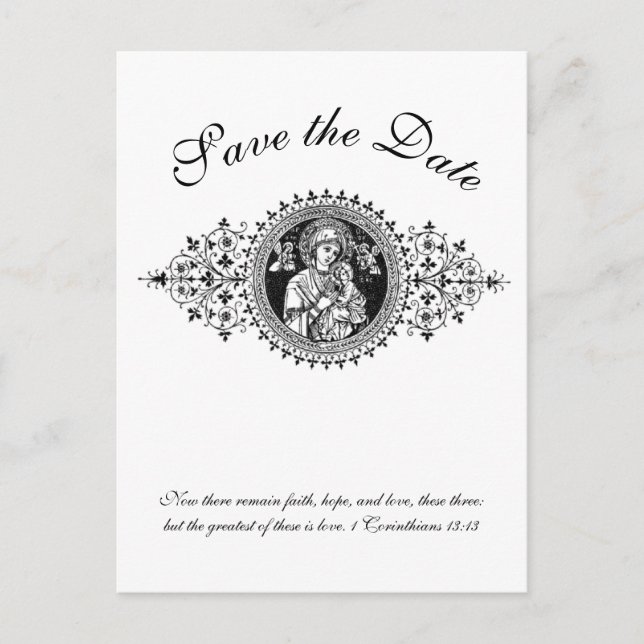 Catholic Black & White Holy Family  SAVE THE DATE Announcement Postcard (Front)