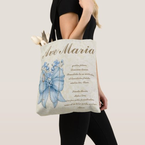 Catholic Blessed Mother Holy Rosary Blue Floral Tote Bag