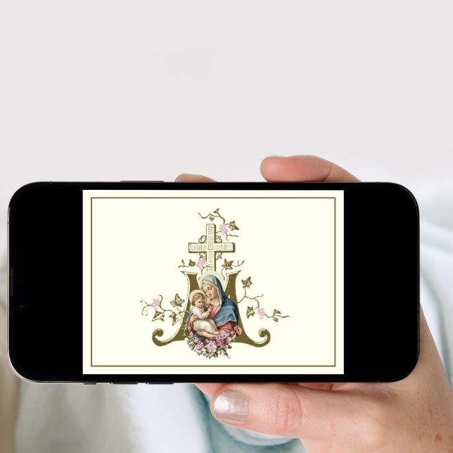 Catholic Blessed Mother Jesus Floral Marian Cross  Holiday Card (Front Digital)