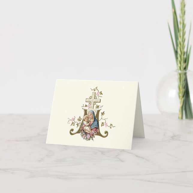 Catholic Blessed Mother Jesus Floral Marian Cross  Holiday Card (Front)