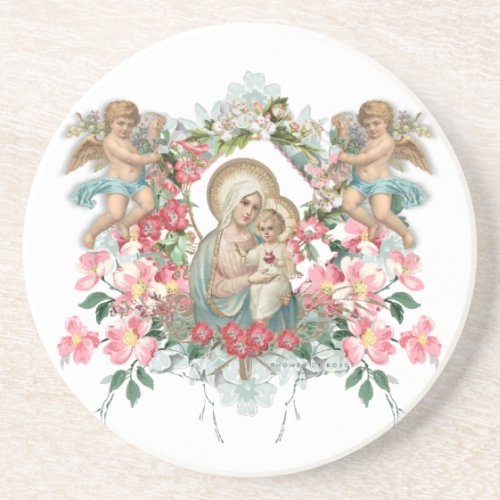 Catholic Blessed Virgin Mary Baby Jesus Floral Coaster