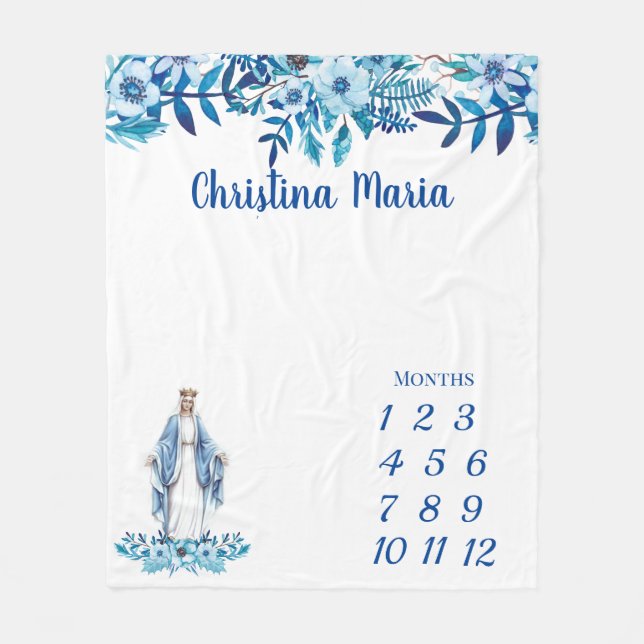 Catholic Blessed Virgin Mary Baby Milestone Fleece Blanket (Front)