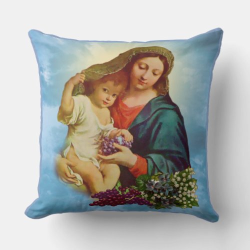 Catholic Blessed Virgin Mary Jesus Grapes Throw Pillow
