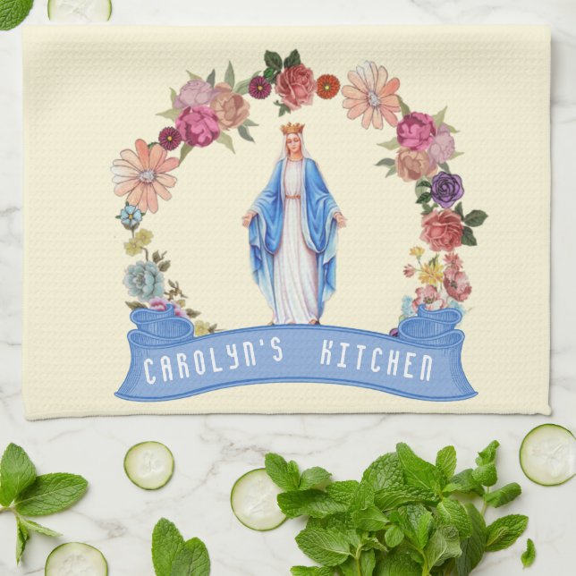 Catholic Blessed Virgin Mary Religious Floral Kitchen Towel (Folded)