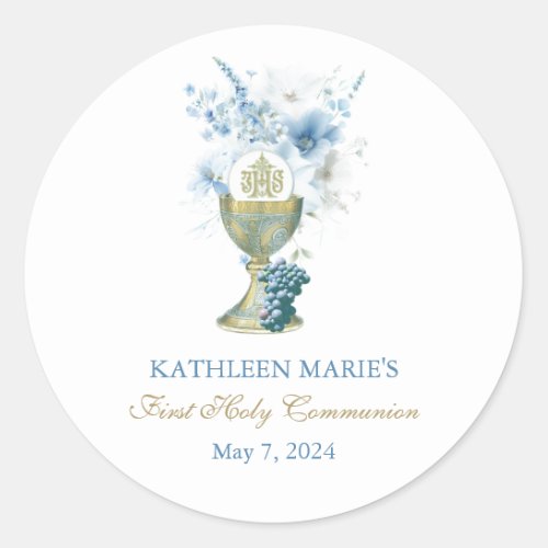 Catholic Blue Floral First Communion Eucharist Classic Round Sticker