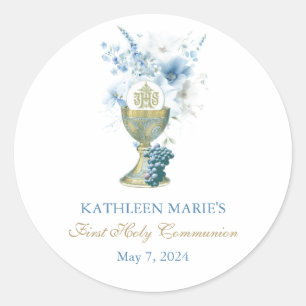 Catholic Blue Floral First Communion Eucharist Classic Round Sticker