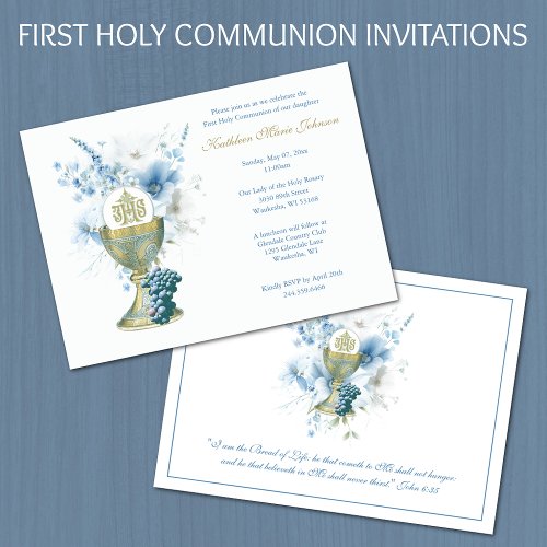 Catholic Blue Floral First Communion Eucharist Invitation