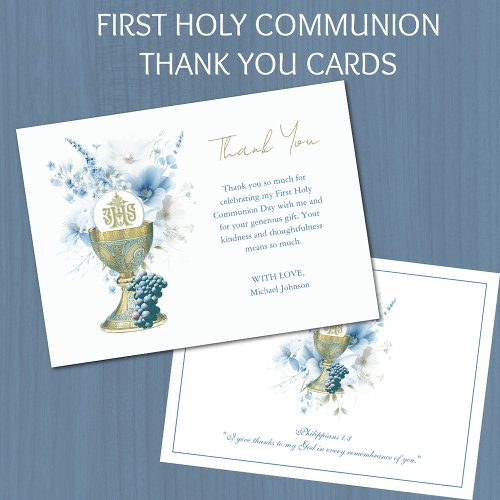 Catholic Blue Floral First Communion Thank You