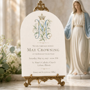 Catholic Blue Floral Marian Monogram May Crowning Invitation