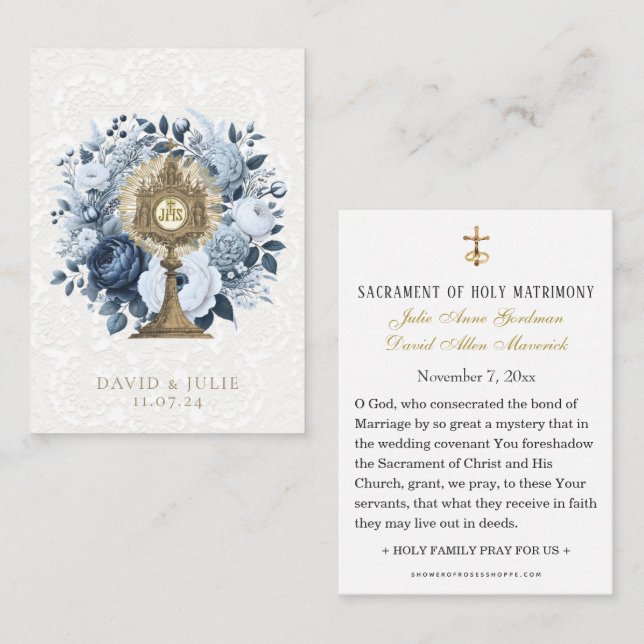 Catholic Blue Floral Monstrance Wedding Holy Card (Front/Back)