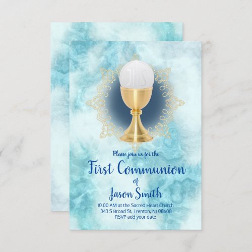 catholic boy First Communion blue marble Invitation