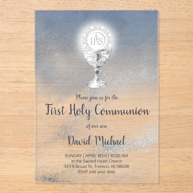 catholic boy first communion watercolor marble acrylic invitations (Front)
