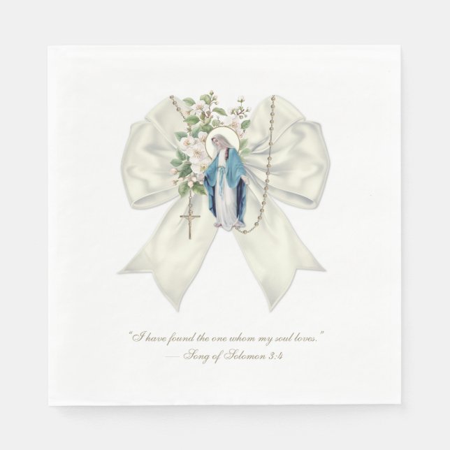 Catholic Bridal Shower Blessed Mary Creme Bow Napkins (Front)