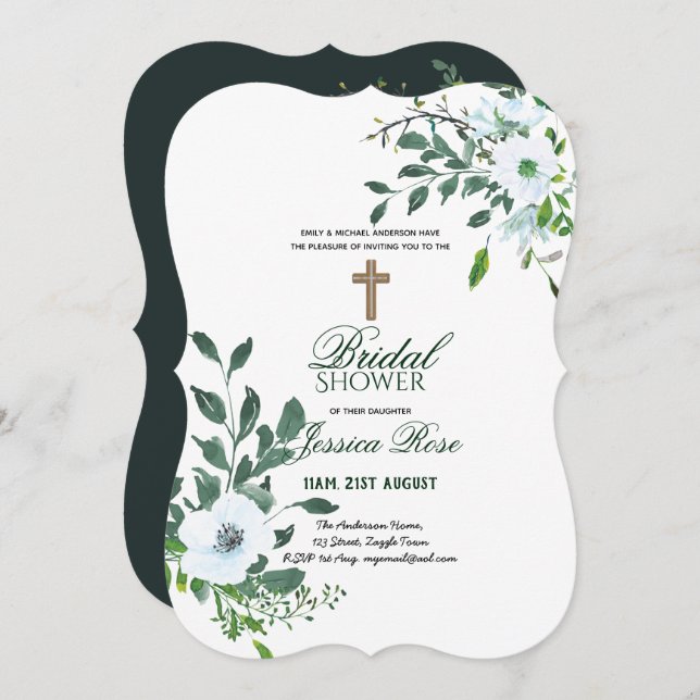 Catholic Bridal Shower Invitations Flowers Cross (Front/Back)