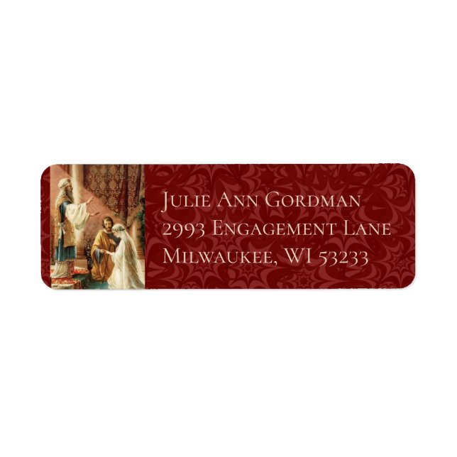 Catholic Bride & Groom Mary Joseph Maroon Damask Label (Front)
