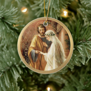 Catholic Bride & Groom Mary St. Joseph Gold Ceramic Ornament