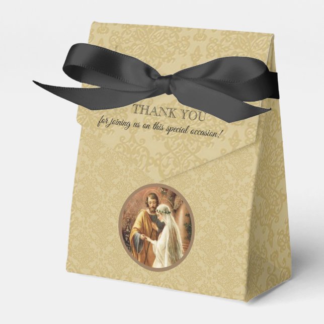 Catholic Bride & Groom Mary St. Joseph Gold Damask Favor Boxes (Front Side)