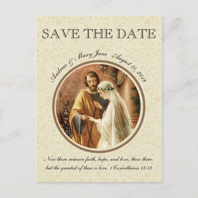 Catholic Bride Groom Mary St. Joseph SAVE THE DATE Announcement Postcard (Front)