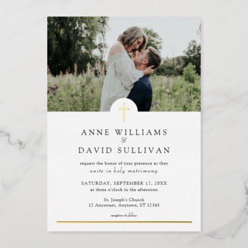 Catholic Christian Simple Cross with Photo Wedding Foil Invitation