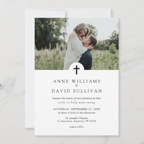 Catholic Christian Simple Cross with Photo Wedding Invitation