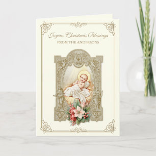 Catholic Christmas baby Jesus Poinsettia Floral Holiday Card