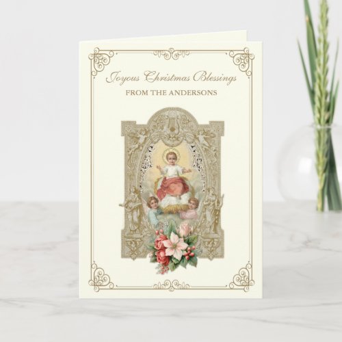 Catholic Christmas baby Jesus Poinsettia Floral Holiday Card