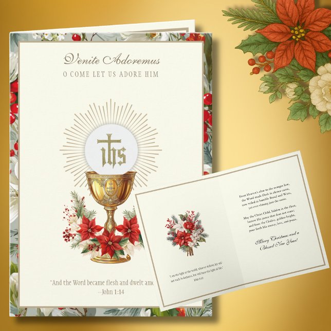 Catholic Christmas Eucharist Poinsettia Floral Holiday Card (Creator Uploaded)