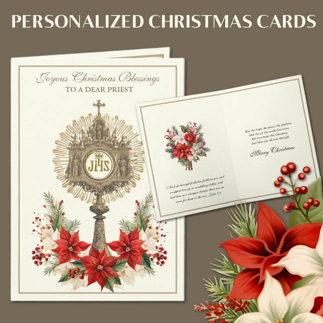 Catholic Christmas Eucharist Poinsettia Floral Holiday Card (Traditional Catholic Christmas Cards with Poinsettias and Eucharist)