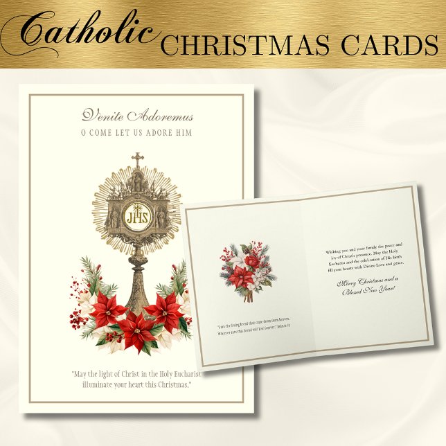 Catholic Christmas Eucharist Poinsettia Floral Holiday Card ( Our cards beautifully highlight the true presence of Christ in the Holy Eucharist. )