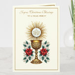 Catholic Christmas Eucharist Poinsettia Floral Holiday Card<br><div class="desc">Featuring a beautiful vintage image of the Holy Eucharist above a gold chalice adorned with a red poinsettias.  All text can be modified.</div>