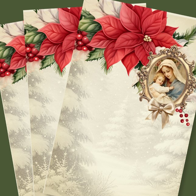 Catholic Christmas Mary Jesus Poinsettias Stationery (Creator Uploaded)
