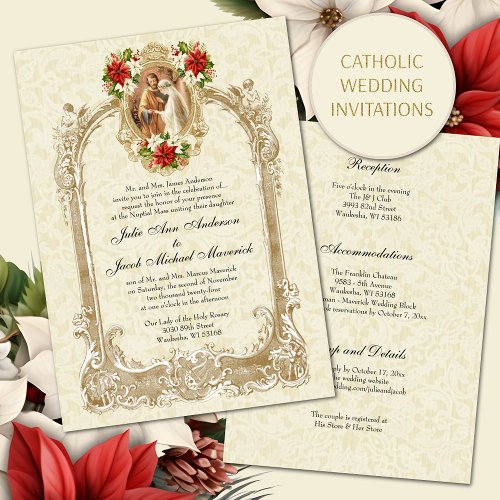 CATHOLIC CHRISTMAS POINSETTIA WEDDING INVITATIONS