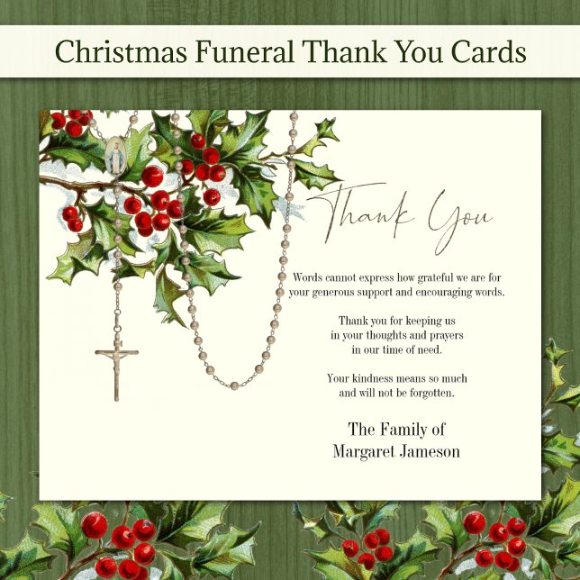 Catholic Christmas Rosary Funeral  Sympathy Thank You Card (Beautiful Christmas Catholic Funeral Sympathy Thank You Cards - Easy to Personalize)