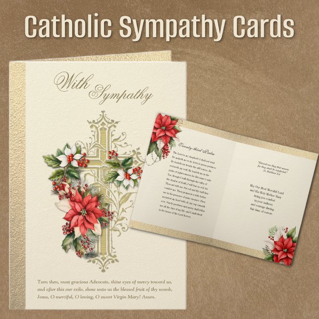 Catholic Christmas Sympathy Condolence Poinsettia Card (Traditional Catholic Christmas Funeral Sympathy Condolence Cards with Cross and Poinsettias)