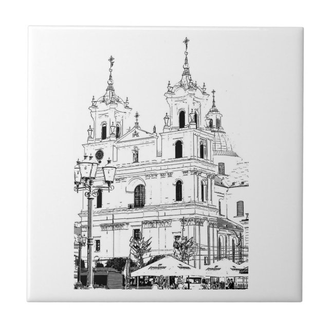 Catholic Church Architecture Sketch Ceramic Tile (Front)