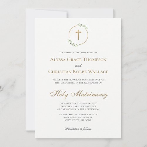 Catholic Church Wedding Elegant Cross Greenery Invitation