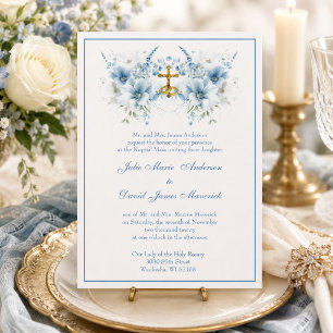 Catholic Classic Blue Floral Religious Wedding Invitation
