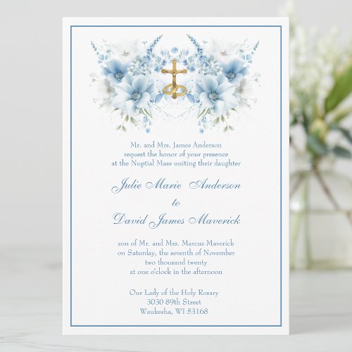 Catholic Classic Blue Floral Religious Wedding Invitation