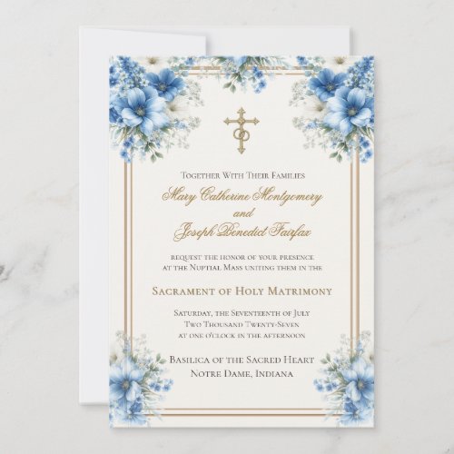 Catholic Classic Blue Floral Wedding Invitation