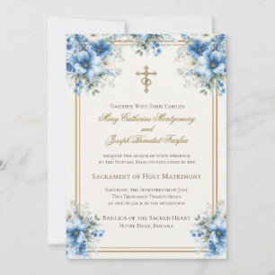 Catholic Classic Blue Floral Wedding  Invitation