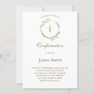 catholic Confirmation gold circle green leaves Invitation
