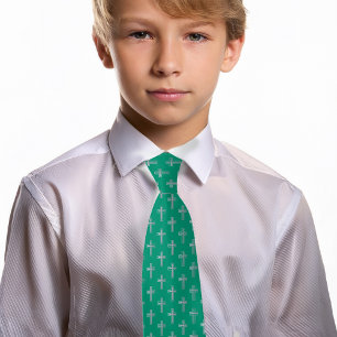 Catholic Cross Emerald Green Faux Silver Communion Neck Tie