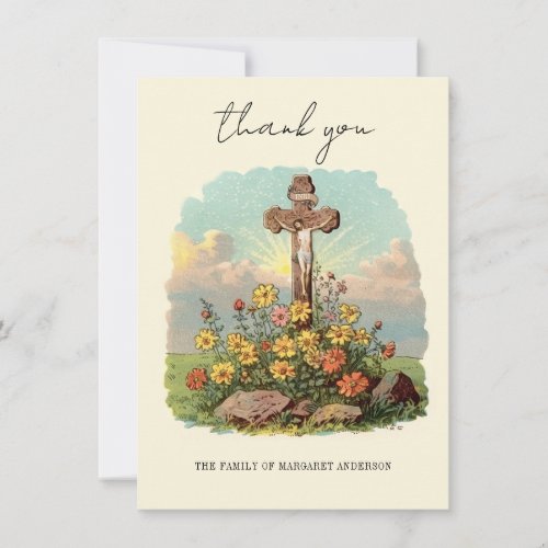 Catholic Cross Floral Funeral Memorial Sympathy Thank You Card