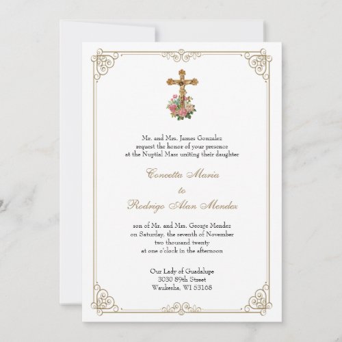 Catholic Crucifix Floral Wedding Gold  Invitation