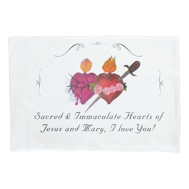 Catholic Customizable Hearts of Jesus & Mary Pillow Case (Front)
