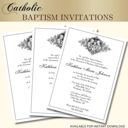 Catholic Elegant Baptism Christening Holy Family Invitation