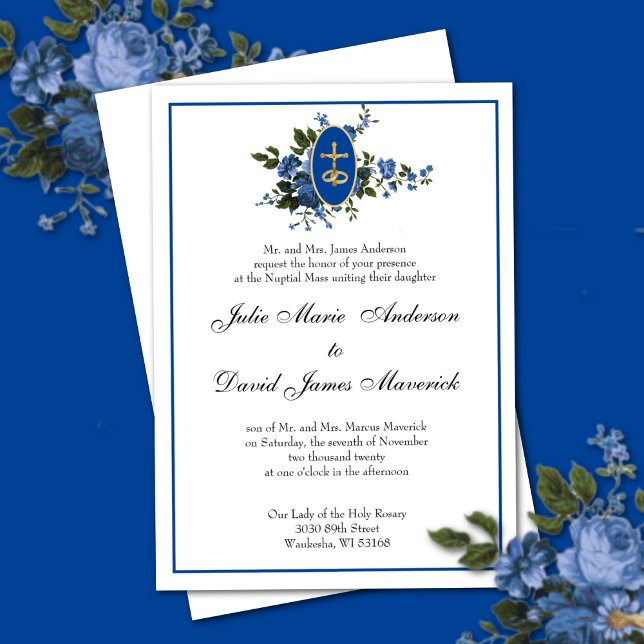 Catholic Elegant Blue Floral Wedding Invitation (Creator Uploaded)