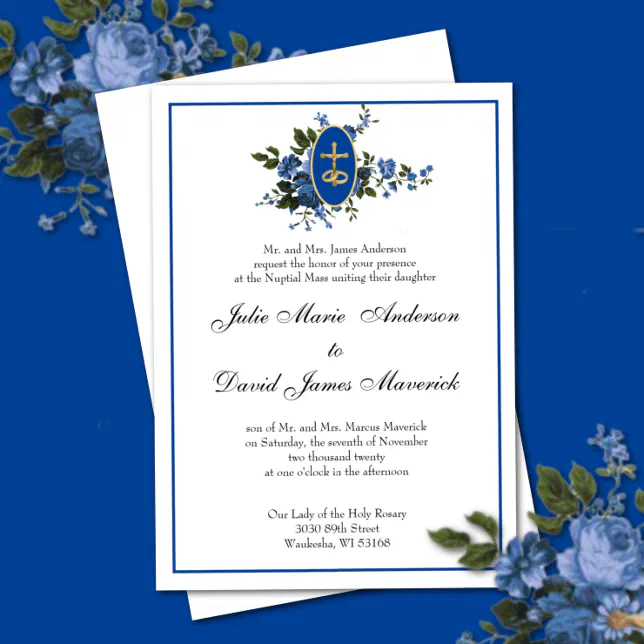 Catholic Elegant Blue Floral Wedding Invitation | Zazzle