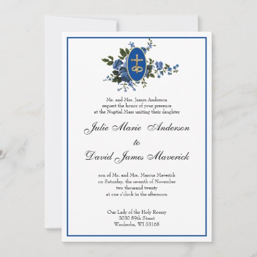 Catholic Elegant Blue Floral Wedding Invitation 